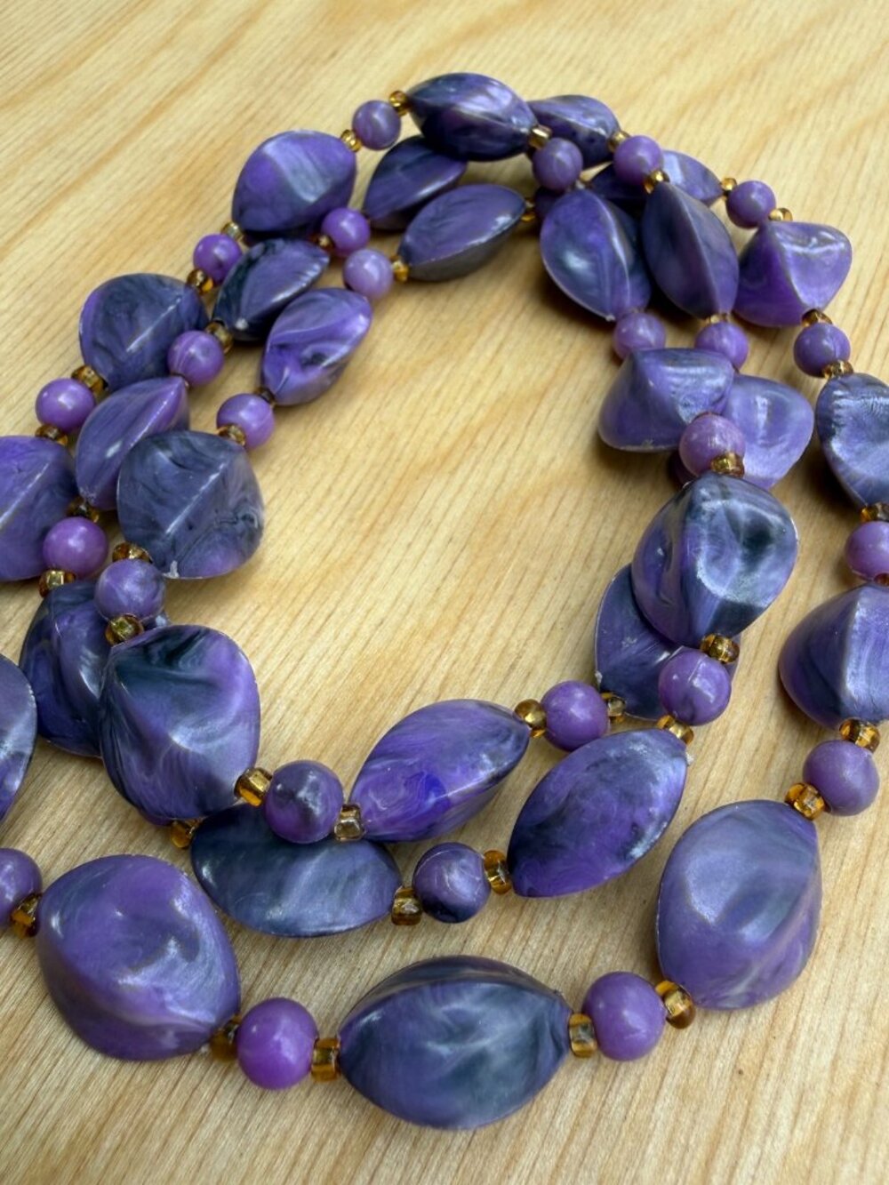 Vintage Purple Beaded Costume Necklace | Oblong Plastic Beads | Retro Statement